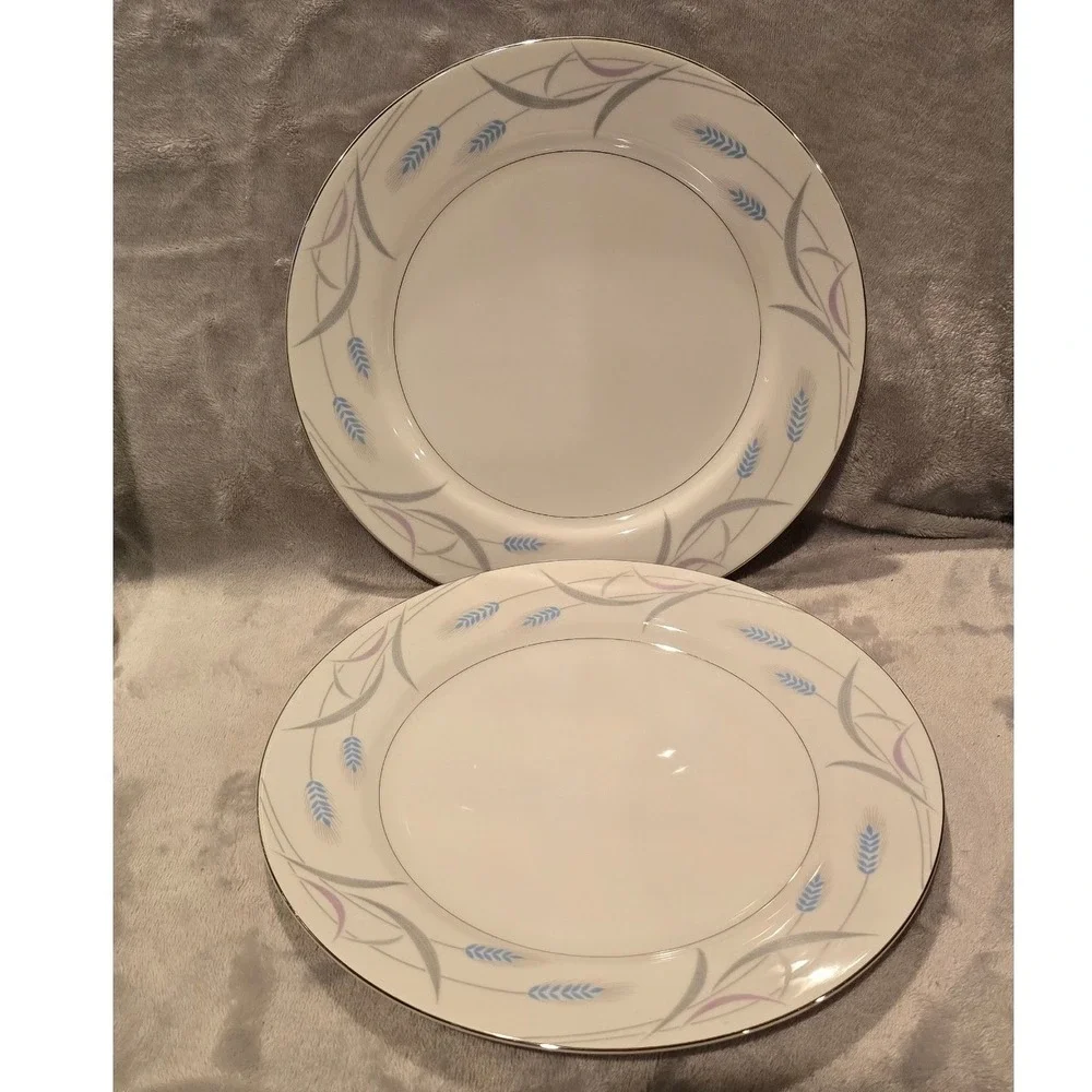 Valmont China Royal Wheat Dinner Plates Set of 2 Blue Lavender Silver Rim Japan